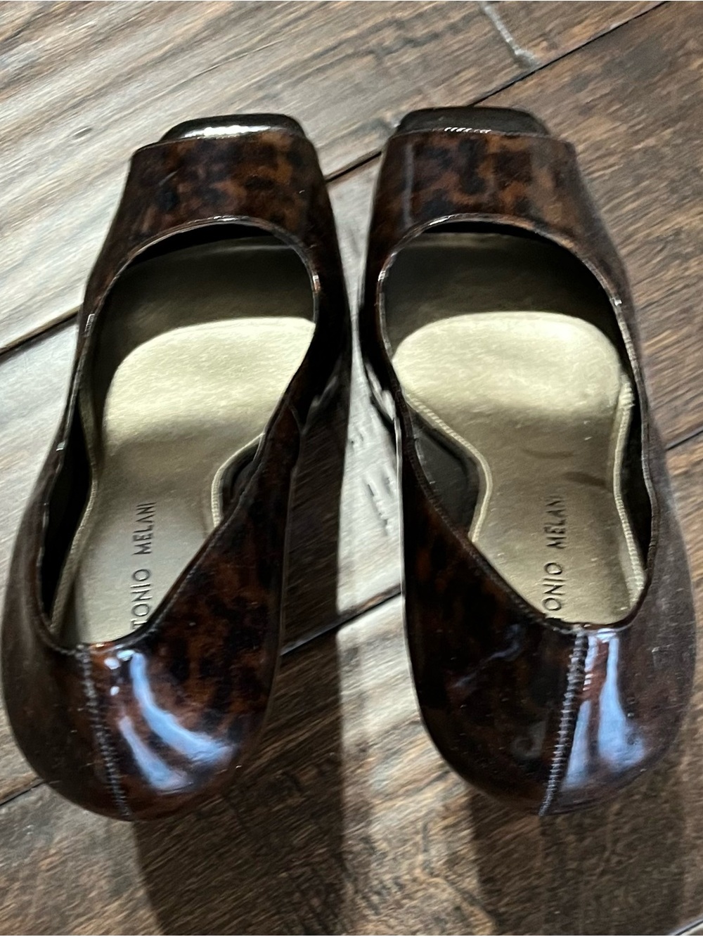 ANTONIO MELANI Brown Tortoiseshell Patent Peep-Toe Wedge Heels